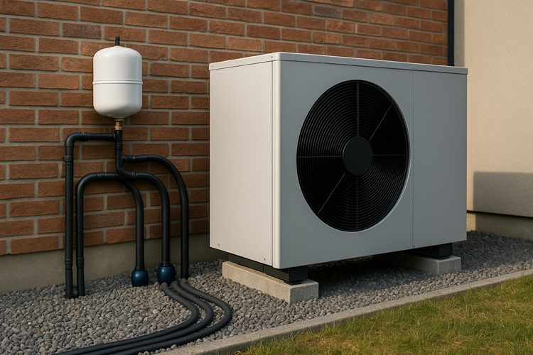 Gruntowa pompa ciepła z zamontowanymi poziomymi kolektorami rurowymi w ogrodzie, widok realistyczny, szeroki plan z trawnikiem i budynkiem w tle.