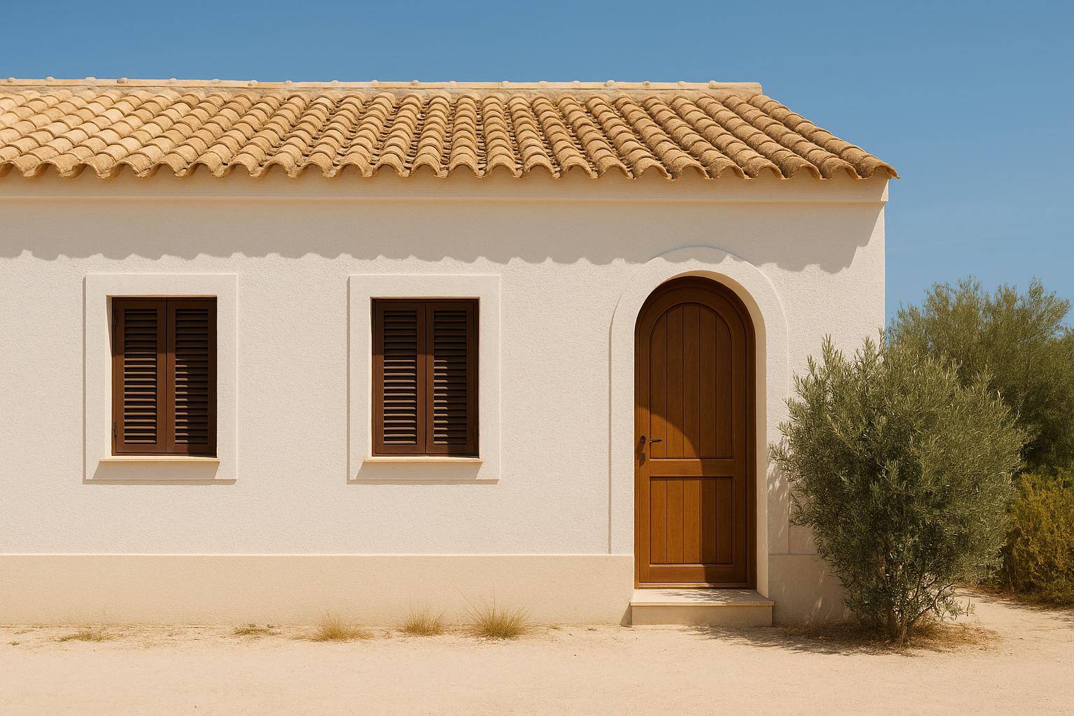 Elewacja śródziemnomorskiego domu z białym tynkiem strukturalnym, drewnianymi okiennicami i drzwiami, pod jasnym, błękitnym niebem. Obok rośnie oliwka, a całość oświetla naturalne światło słoneczne.