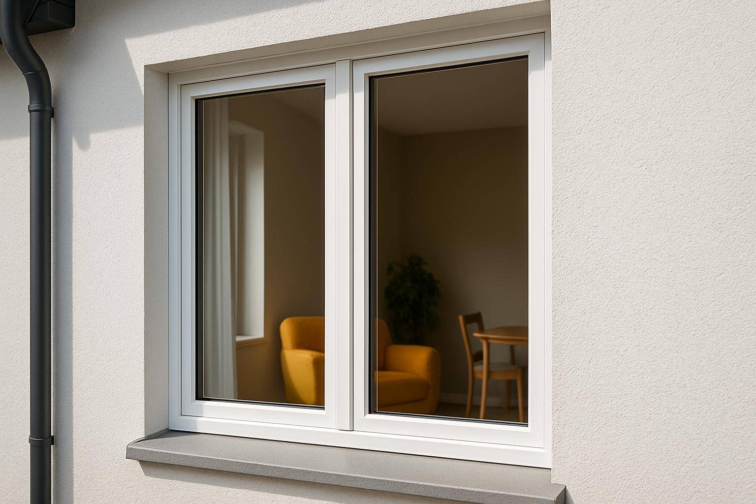 Nowoczesne, podwójne okno PCV osadzone w jasnej elewacji, biały profil; przez szybę widać wnętrze z żółtym fotelem, drewnianym stołem i rośliną doniczkową