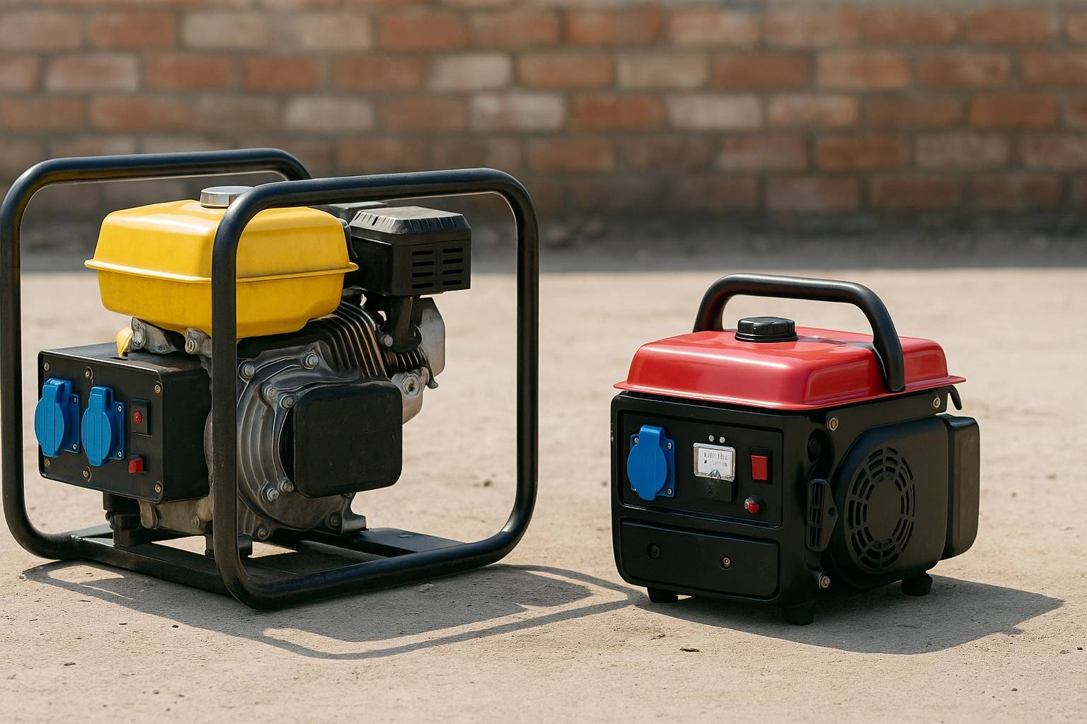 Dwa agregaty prądotwórcze stojące obok siebie na betonowej powierzchni – większy z żółtym zbiornikiem i metalową ramą po lewej stronie oraz mniejszy, kompaktowy agregat z czerwonym zbiornikiem i czarną obudową po prawej; w tle rozmyta ceglana ściana.