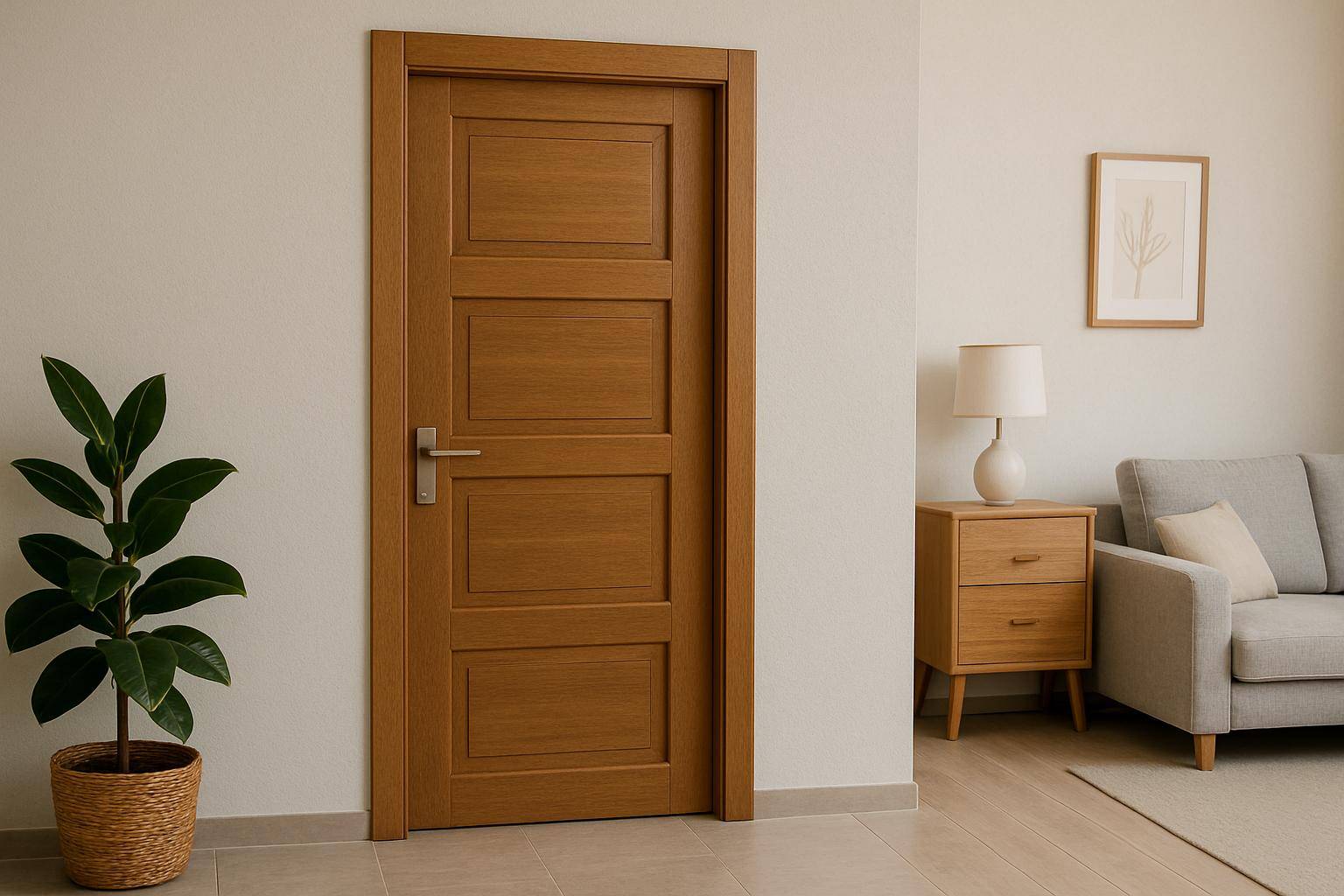Nowoczesne drewniane drzwi wewnętrzne w jasnym, minimalistycznym salonie. Po lewej stronie doniczkowa roślina o dużych, zielonych liściach, po prawej szafka nocna z lampką i fragment jasnoszarej sofy z poduszką.