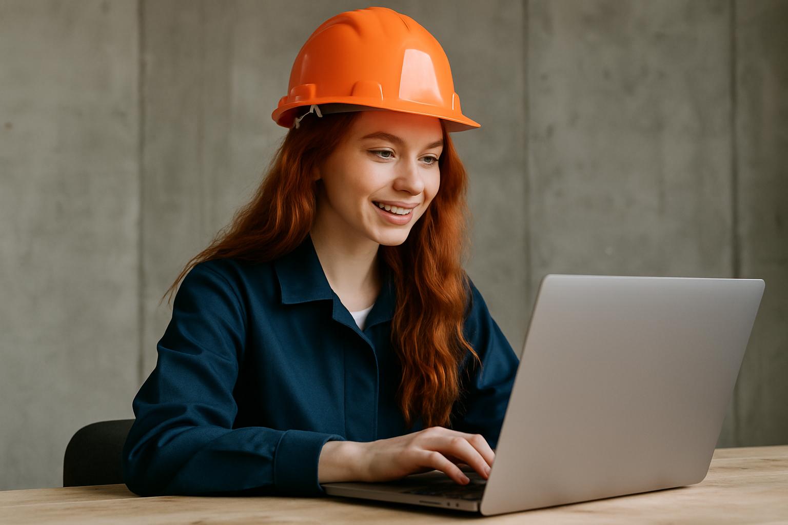 Uśmiechnięta młoda kobieta o rudych, falowanych włosach w pomarańczowym kasku budowlanym siedzi przy drewnianym stole i pracuje na laptopie, promując usługi w mediach społecznościowych.