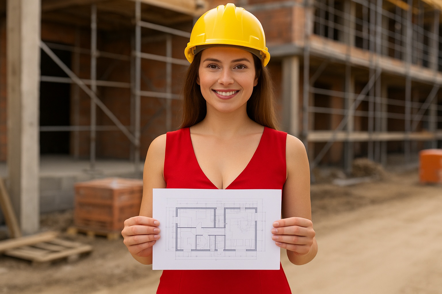 Kobieta trzymająca plan inwestycji na tle placu budowy, z uśmiechem patrzy w stronę obiektywu. W tle widoczne rusztowania, konstrukcje i materiały budowlane. Szerokie, realistyczne ujęcie w naturalnym świetle.
