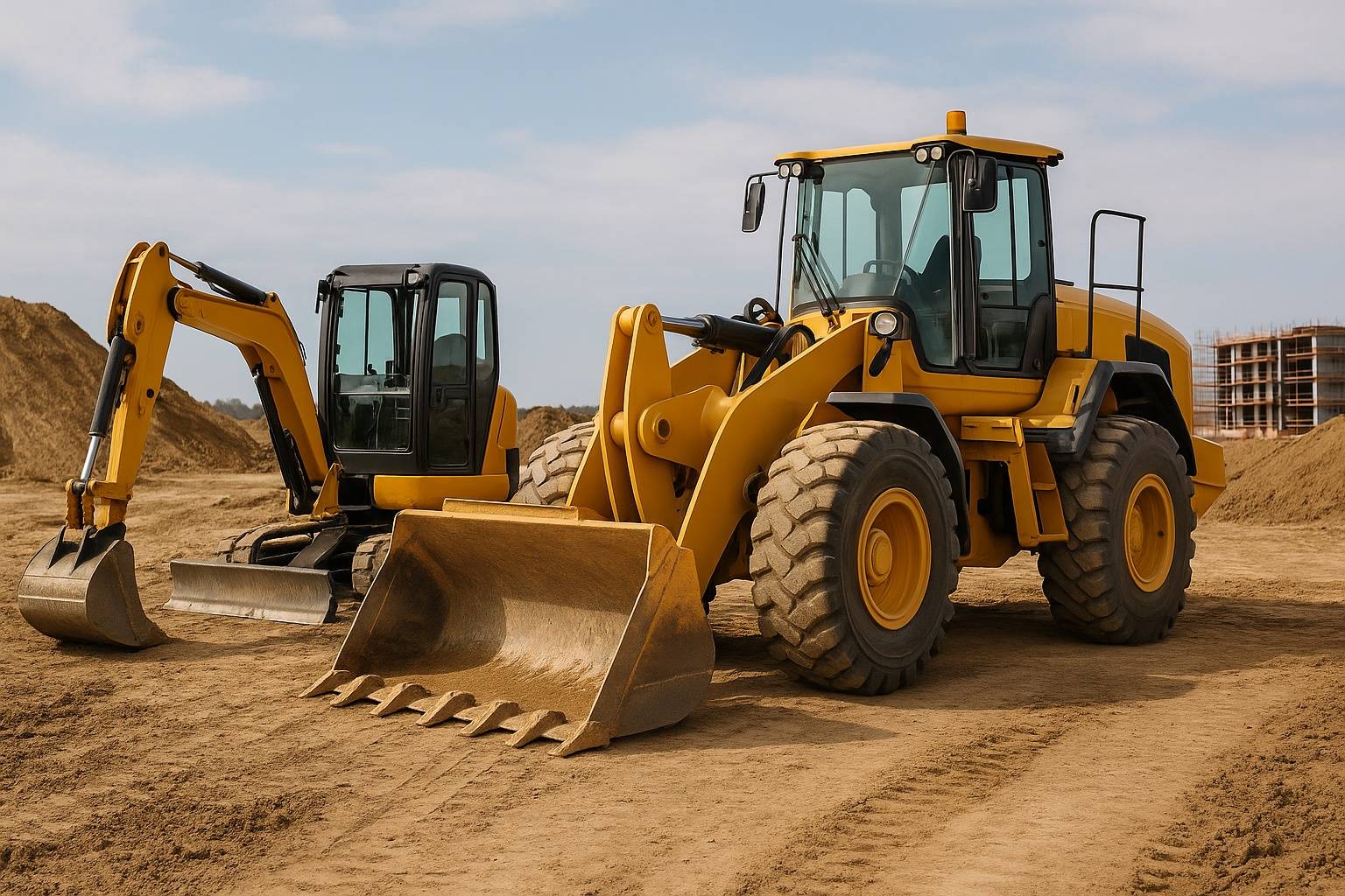 Dwie żółte maszyny budowlane – kompaktowa koparka gąsienicowa i duża ładowarka kołowa – stoją obok siebie na piaszczystym placu budowy. W tle widoczne są nasypy ziemi, rusztowania oraz częściowo wykończone budynki. Zdjęcie wykonane w realistycznym stylu, w naturalnym oświetleniu dziennym.