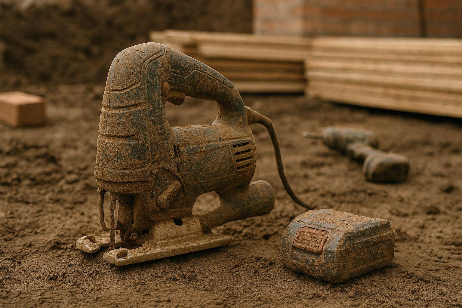 Zabrudzona akumulatorowa wyrzynarka i wiertarka leżą na ziemi na placu budowy; narzędzia są pokryte pyłem i błotem, w tle widać cegły i drewniane deski.