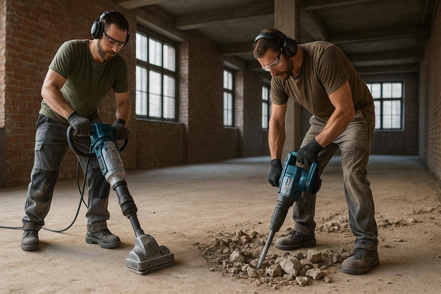 Realistyczna scena z budowy w ciągu dnia – na pierwszym planie leżą młot wyburzeniowy i frezarka do betonu, otoczone pyłem i narzędziami. W tle widoczna część ściany do rozbiórki i elementy rusztowania.