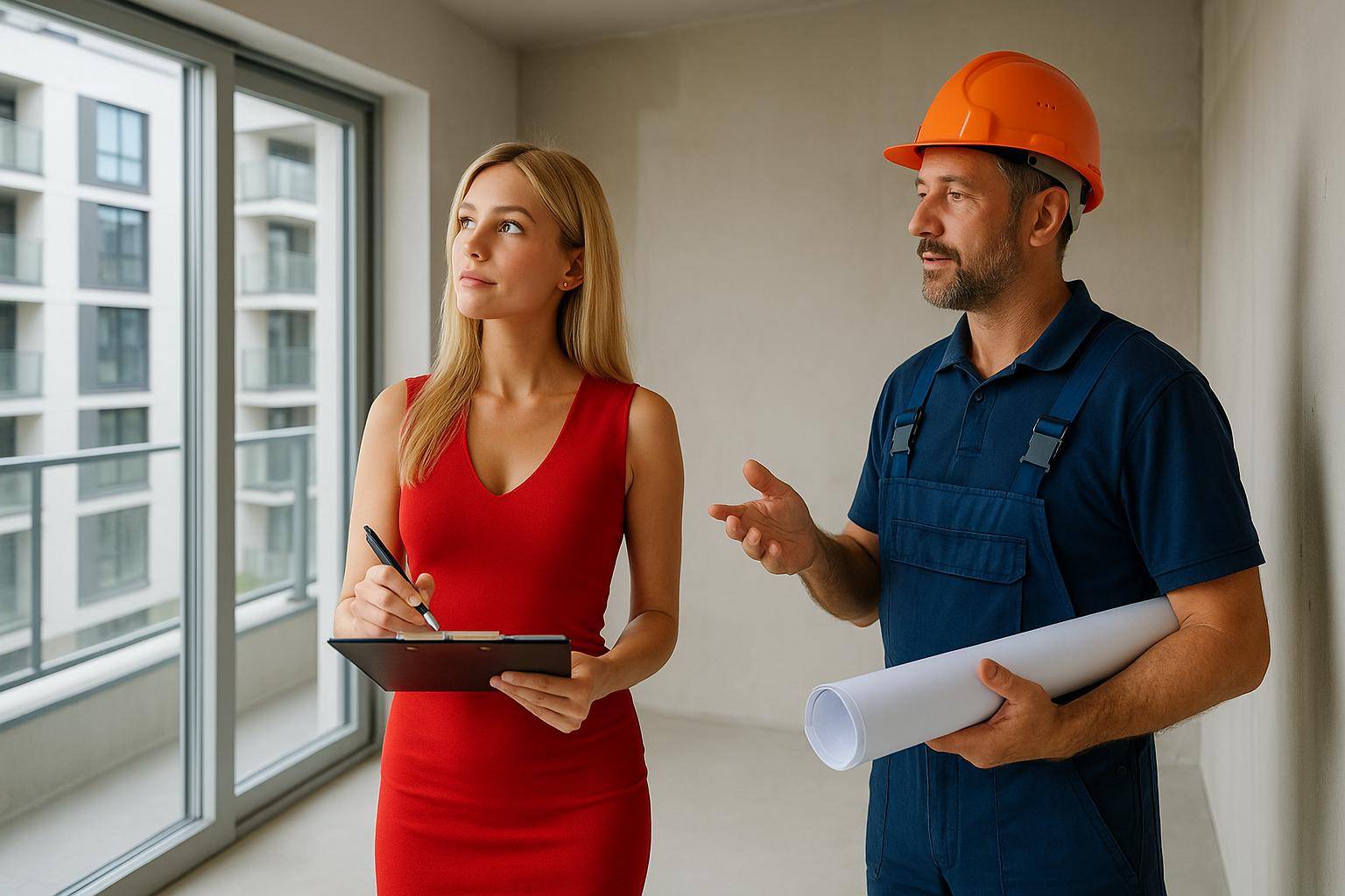 Blondynka w czerwonej sukience odbiera mieszkanie od kierownika budowy – nowoczesne wnętrze z dużymi oknami i widokiem na osiedle.