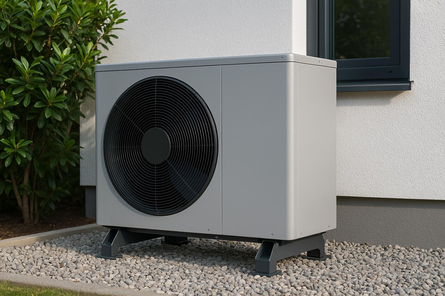 Powietrzna pompa ciepła zamontowana na zewnątrz nowoczesnego budynku, stojąca na żwirowym podłożu obok białej elewacji i okna, z dużym czarnym wentylatorem na froncie urządzenia.