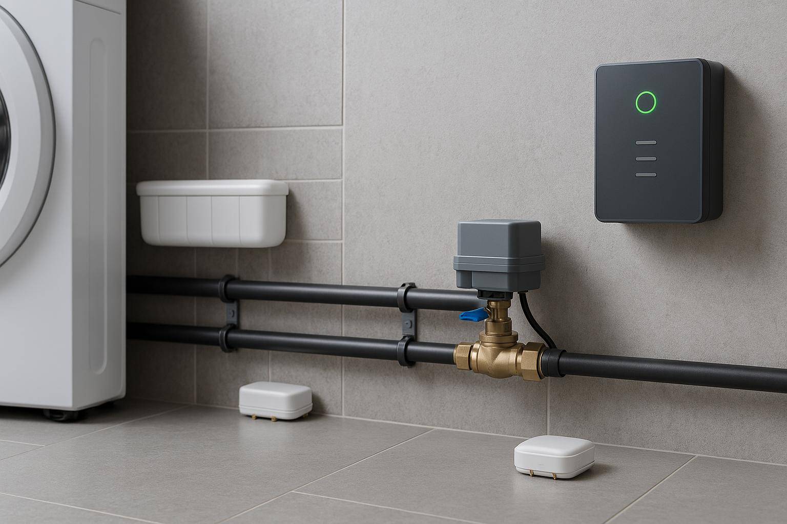 Nowoczesny system przeciwzalaniowy zamontowany obok pralki w utility room: czarne rury z mosiężnym zaworem, dwa białe czujniki na podłodze oraz szara centrala sterująca na ścianie