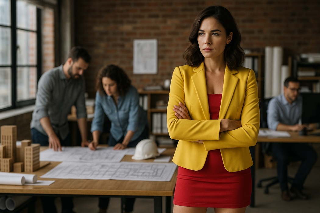 Kobieta w żółtym żakiecie i czerwonej mini stoi w nowoczesnym biurze architektonicznym. W tle widać współpracowników przy makietach budynków i projektach technicznych. Kobieta patrzy poważnie przed siebie, a wnętrze biura jest jasne, przestronne i industrialne.