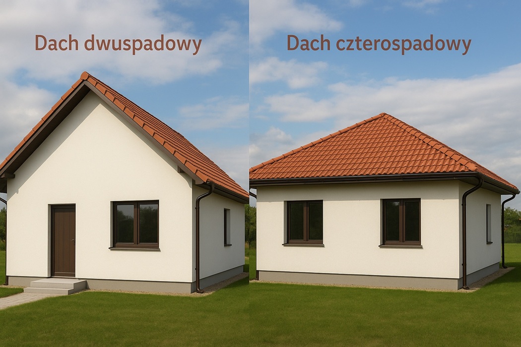 Porównanie dachów – po lewej dom z dachem dwuspadowym, po prawej dom z dachem czterospadowym, oba z czerwonymi dachówkami i jasną elewacją.