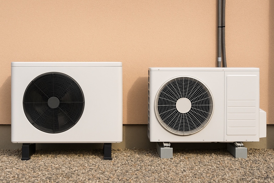 Dwa rodzaje pomp ciepła ustawione obok siebie na tle jasnej elewacji: po lewej większa jednostka monoblokowa na nóżkach, po prawej kompaktowy zewnętrzny moduł systemu split z widocznym przyłączem rur do jednostki wewnętrznej; oba urządzenia stoją na żwirowym podłożu.