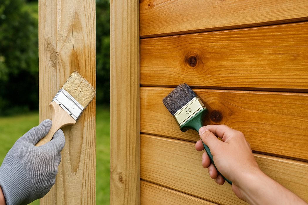 Dwie dłonie malujące drewniany płot – po lewej ręka w szarej rękawicy nakłada jasny impregnat na surowe drewno pionowej deski, po prawej goła dłoń maluje poziome deski lakierem o miodowym kolorze. Różnica w wyglądzie drewna po lewej i prawej stronie wyraźnie pokazuje efekt działania obu preparatów. W tle rozmyta zieleń ogrodu.