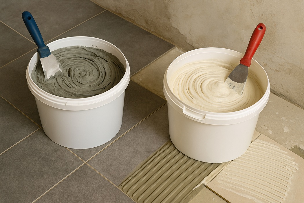Dwa wiadra z klejem do płytek stoją na podłodze – jedno z szarym klejem do gresu, drugie z białym klejem do glazury. Obok widoczne są nałożone pasy kleju oraz fragmenty płytek na tle betonowej ściany.