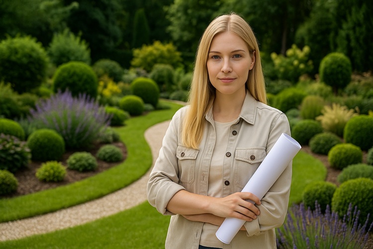 Młoda kobieta z długimi blond włosami i jasną kurtką stoi w elegancko zaprojektowanym ogrodzie, trzymając zwinięty projekt w dłoniach. W tle widoczne są kręte ścieżki, bujna roślinność i starannie przycięte krzewy.