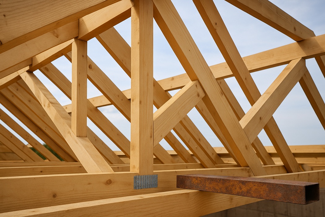 Drewniana więźba dachowa w trakcie budowy domu, widok na konstrukcję krokwi, jętek i słupków z jasnego drewna, w naturalnym świetle, z niebem w tle.