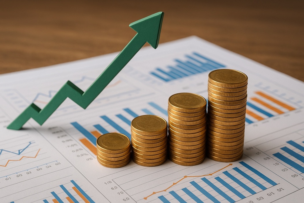 Stosy złotych monet ułożone w rosnącej kolejności na biurku w biurze finansowym, na tle rozmytego ekranu z wykresem i zieloną strzałką wskazującą dynamiczny wzrost wyników gospodarczych.