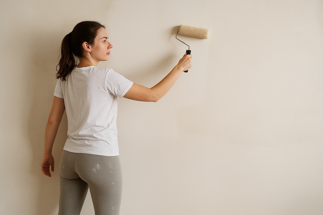 Młoda kobieta malująca ścianę wałkiem, ubrana w jasne legginsy i białą koszulkę, przygotowanie ścian pod malowanie w domu