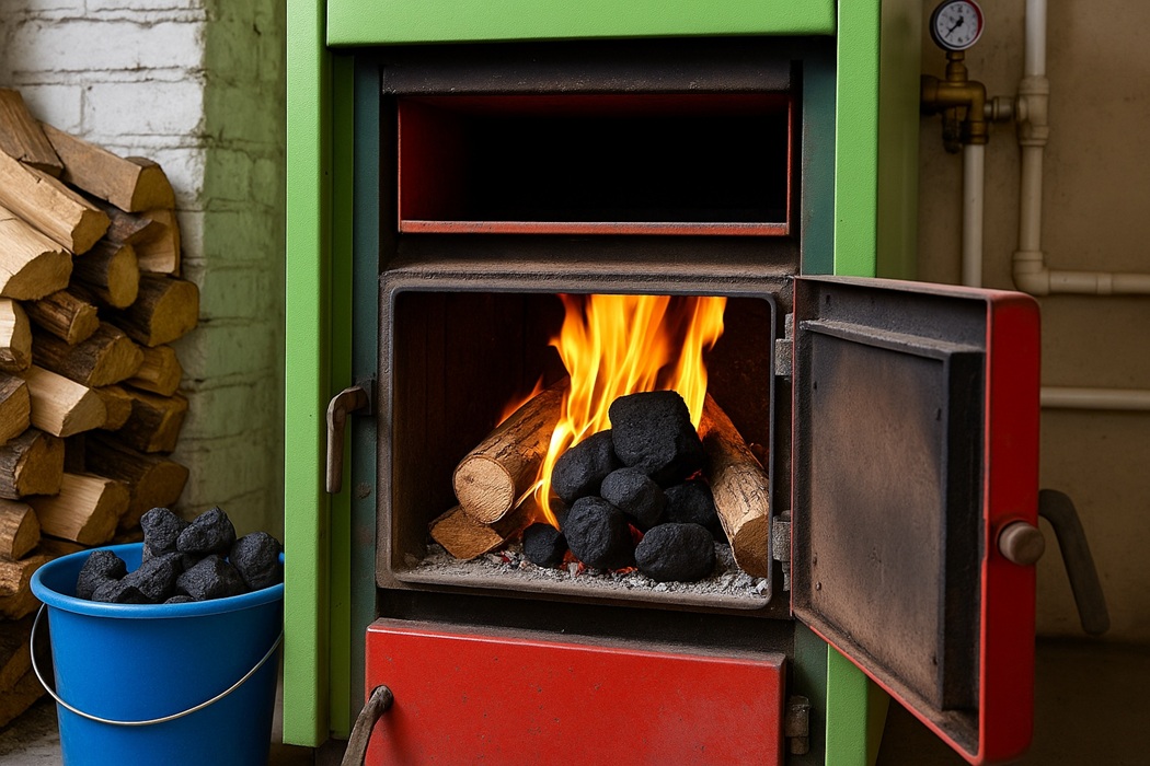 Kotłownia z zielono-czerwonym kotłem na biomasę, w którym pali się drewno i węgiel, obok stosu opału i wiadra z brykietem – przykład spalania w urządzeniu z możliwością montażu rusztu awaryjnego.