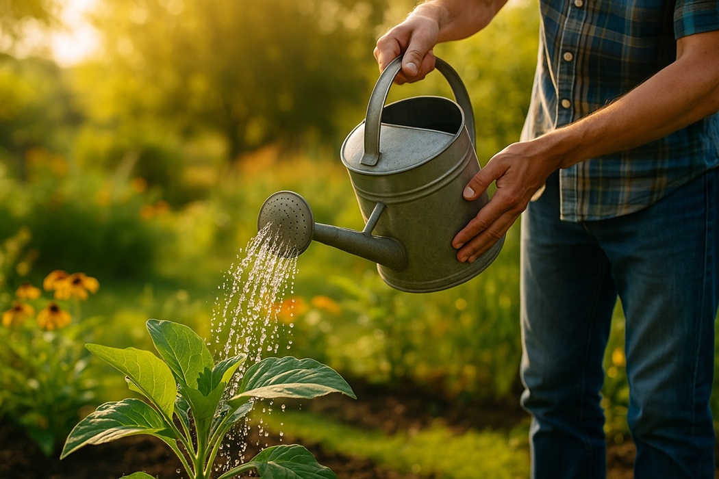 Ogrodnik podlewa roślinę metalową konewką w promieniach letniego słońca; w tle rozmyte kwiaty i zieleń ogrodu.