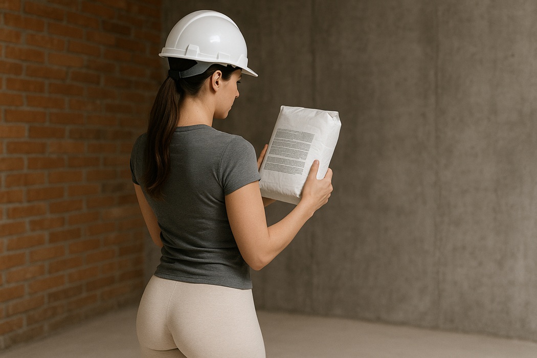 Kobieta w białym kasku ochronnym i jasnych legginsach stoi tyłem na tle ceglanej i betonowej ściany. Ubrana w dopasowaną szarą koszulkę, trzyma w rękach niewielkie opakowanie materiału budowlanego i uważnie czyta etykietę.