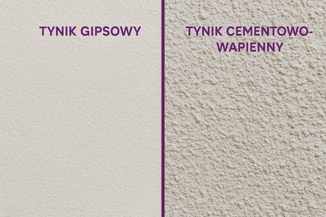 Porównanie tynku gipsowego i cementowo-wapiennego – zdjęcie ściany z wyraźną różnicą w fakturze obu tynków, z fioletowymi podpisami i linią podziału.