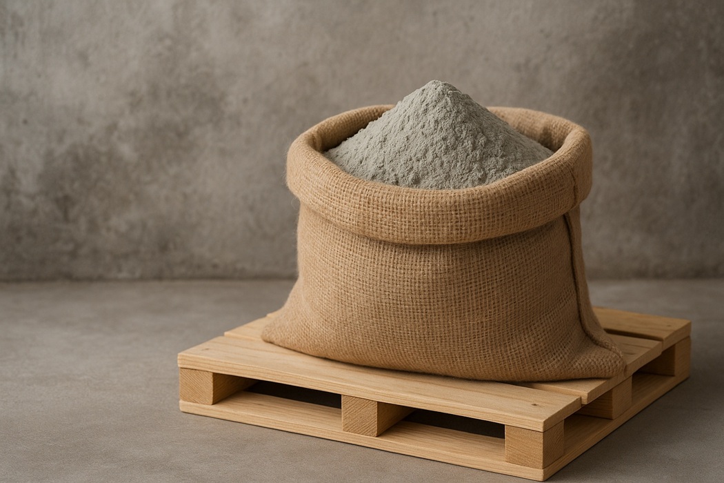 Worek cementu na drewnianej palecie przygotowany do przechowywania w suchym miejscu.
