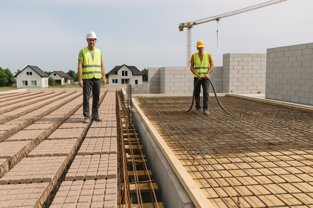 Szerokie zdjęcie z budowy: po lewej strop gęstożebrowy z belkami i pustakami, po prawej zbrojony szalunek pod strop monolityczny; dwaj pracownicy w kaskach i kamizelkach, w tle żuraw i domy w budowie.
