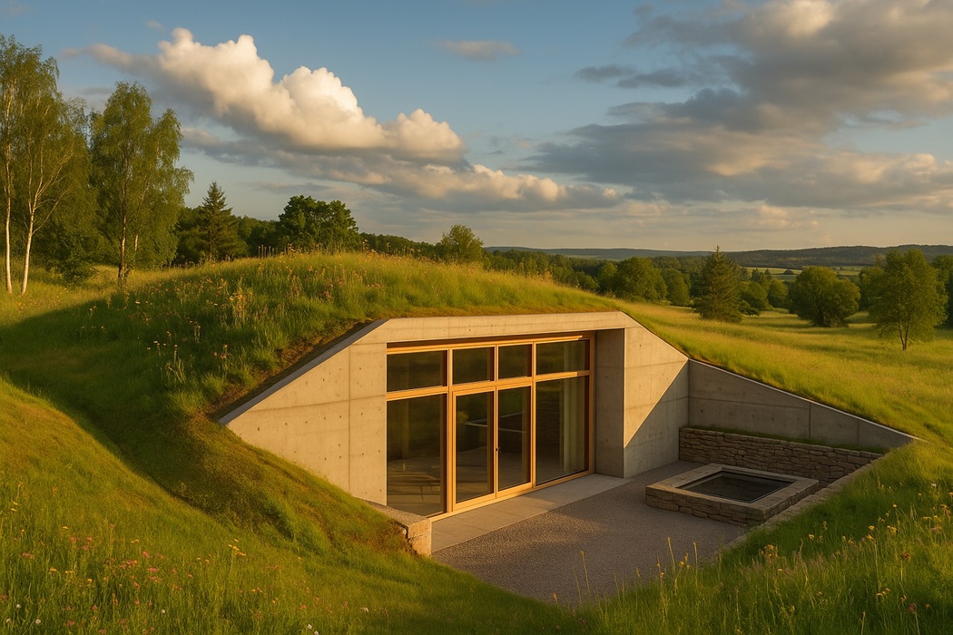 Dom w ziemi wkomponowany w południową skarpę; szerokie przeszklenia, zielony dach porośnięty trawą i kwiatami, słoneczne popołudnie, wokół pola i drzewa.