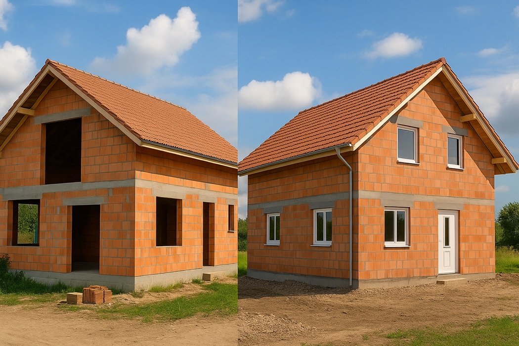 Porównanie dwóch etapów budowy domu jednorodzinnego: po lewej stronie stan surowy otwarty – widoczne ceglane ściany, brak okien i drzwi; po prawej stronie stan surowy zamknięty – dom z zamontowanymi oknami, drzwiami i dachem. Obie części budynku sfotografowane w słoneczny dzień na tle błękitnego nieba i zieleni.