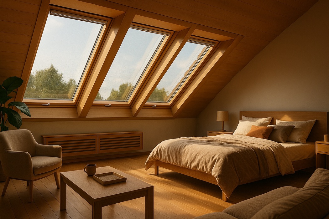 Ekskluzyjna sypialnia na poddaszu z dużymi oknami dachowymi, naturalne światło, nowoczesne wnętrze – aranżacja poddasza z oknami dachowymi