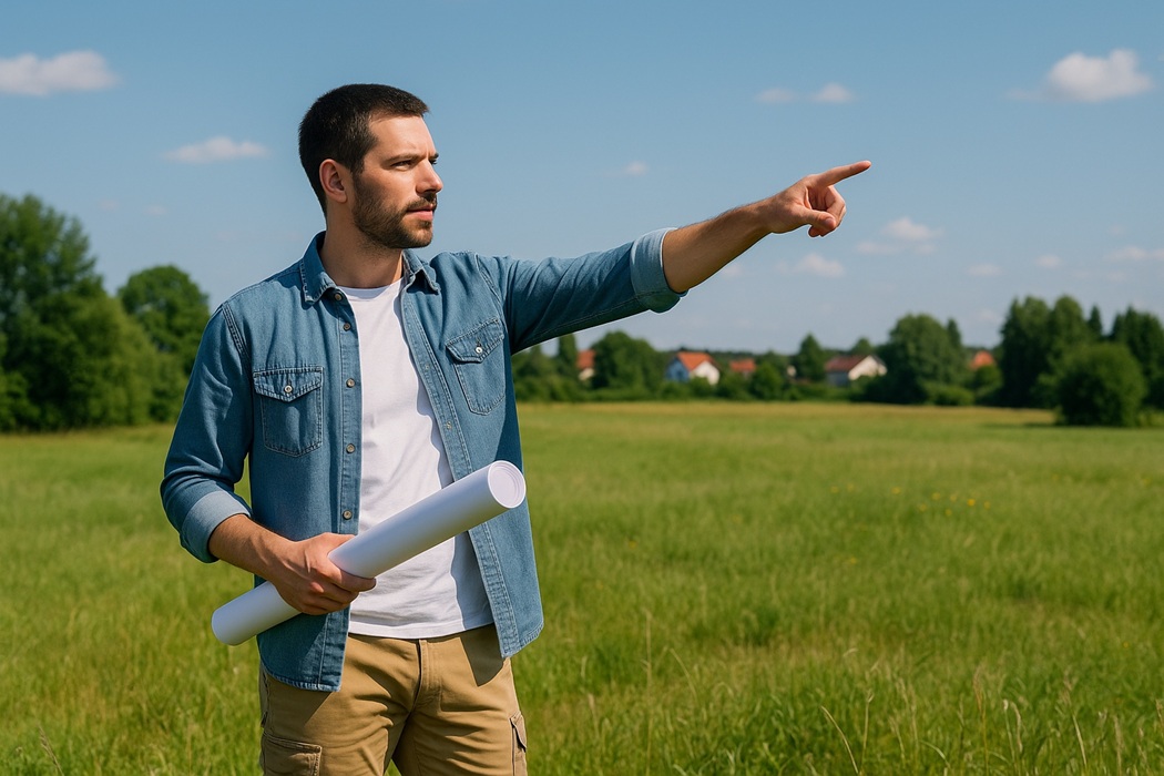 Mężczyzna w polu z planami budowy, wskazujący ręką w dal, na tle zielonej łąki i domów w oddali – symboliczna scena wyboru działki pod budowę domu.