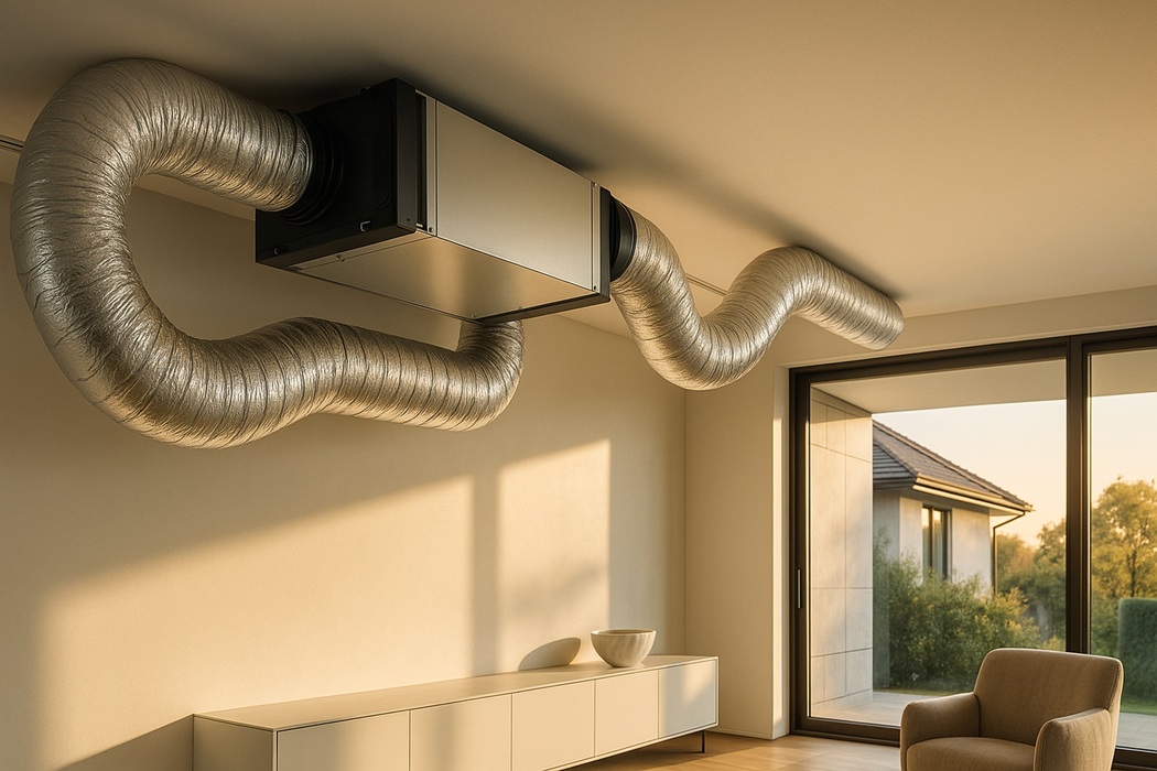 Realistyczne, szerokie ujęcie nowoczesnego salonu o zmierzchu z widocznym systemem rekuperacji powietrza zamontowanym w suficie oraz prowadzącymi do niego elastycznymi kanałami, w tle duże okno z widokiem na taras i dachy domów.