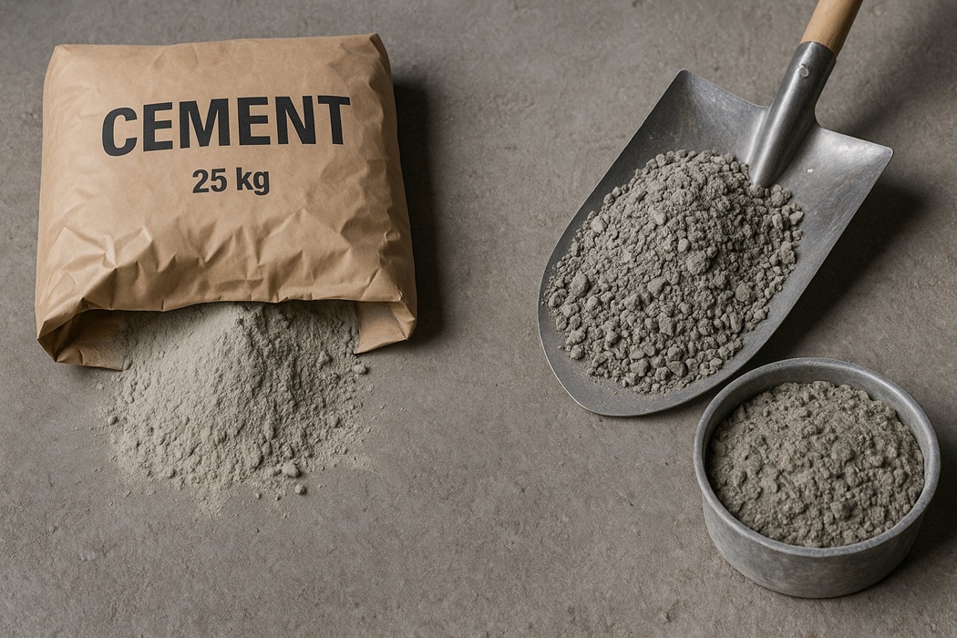 Zbliżenie na worek cementu 25 kg, wysypaną kupkę suchego proszku, łopatę z mieszanką betonową i metalowy pojemnik – realistyczne porównanie cementu i betonu na tle szarej, surowej powierzchni.