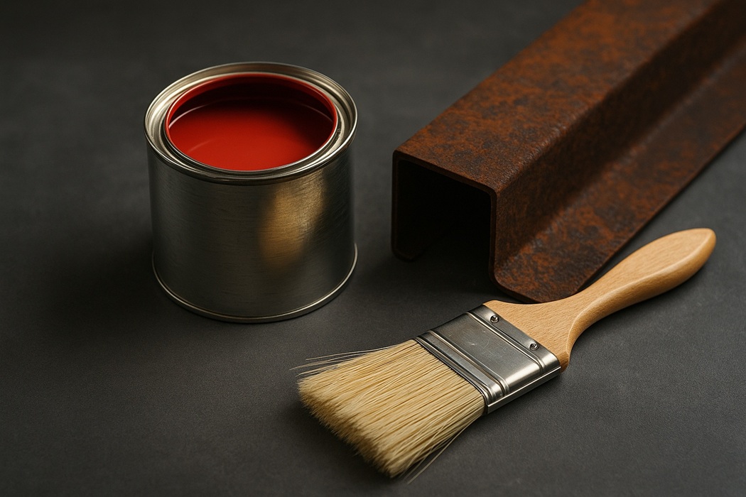 Barwne zdjęcie puszki z otwartą czerwoną farbą, pędzla z jasnym włosiem i drewnianą rączką oraz zardzewiałego stalowego profilu, ustawionych na ciemnym tle w miękkim, rozproszonym świetle.