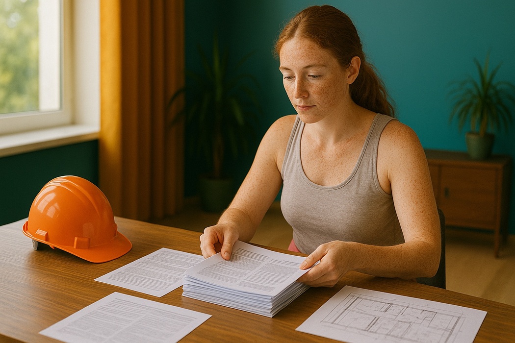Kobieta z piegami przeglądająca dokumenty budowlane przy biurku z kaskiem ochronnym.