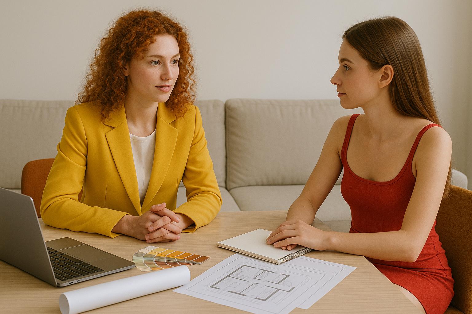 Dwie kobiety podczas spotkania z projektantką wnętrz. Projektantka o rudych, kręconych włosach, ubrana w żółty żakiet, siedzi naprzeciw młodej kobiety w czerwonej mini sukience. Na stole między nimi leżą próbki kolorów, laptop, notatnik i rzut architektoniczny. Całość utrzymana w jasnej, nowoczesnej przestrzeni biurowej.
