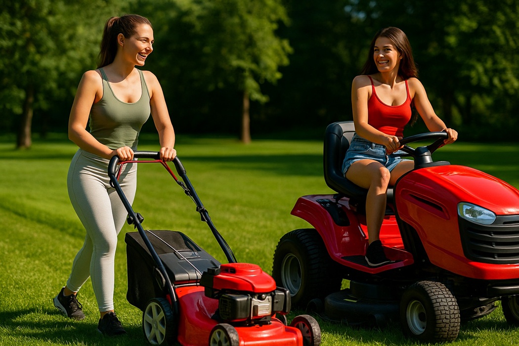 Dwie kobiety rywalizują podczas koszenia trawnika – jedna pcha kosiarkę, druga prowadzi traktor ogrodowy, obie uśmiechnięte, na tle zielonej trawy i drzew.