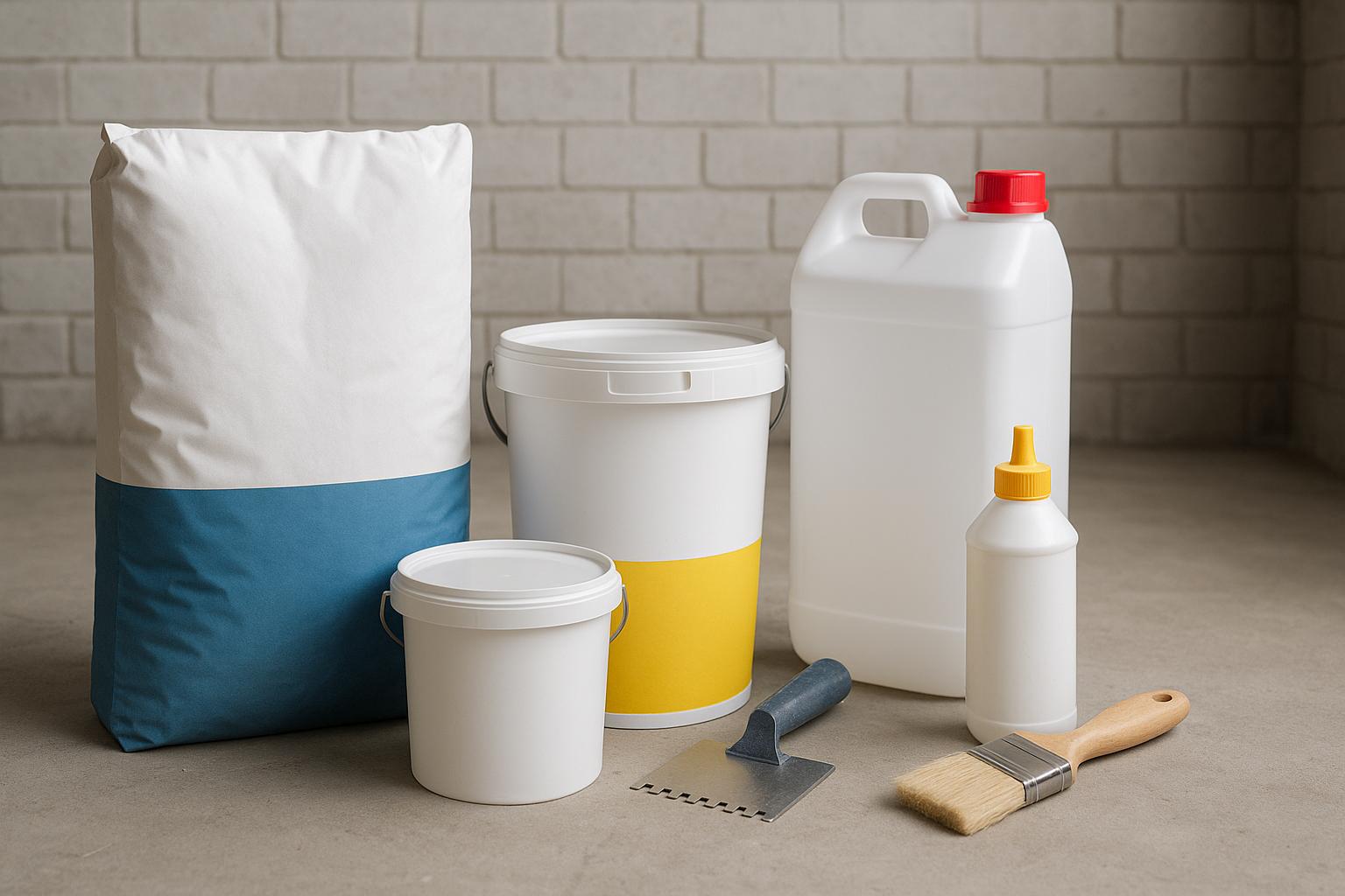 Zestaw materiałów chemii budowlanej, takich jak wiadra, worki, kanistry i narzędzia, ułożony na betonowej posadzce na tle szarej ściany z cegieł.