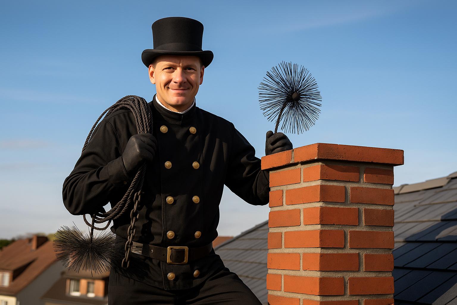 Kominiarz w tradycyjnym stroju z cylindrem i szczotką stoi na dachu przy czerwonym ceglanym kominie, trzymając narzędzia do czyszczenia, na tle nieba.