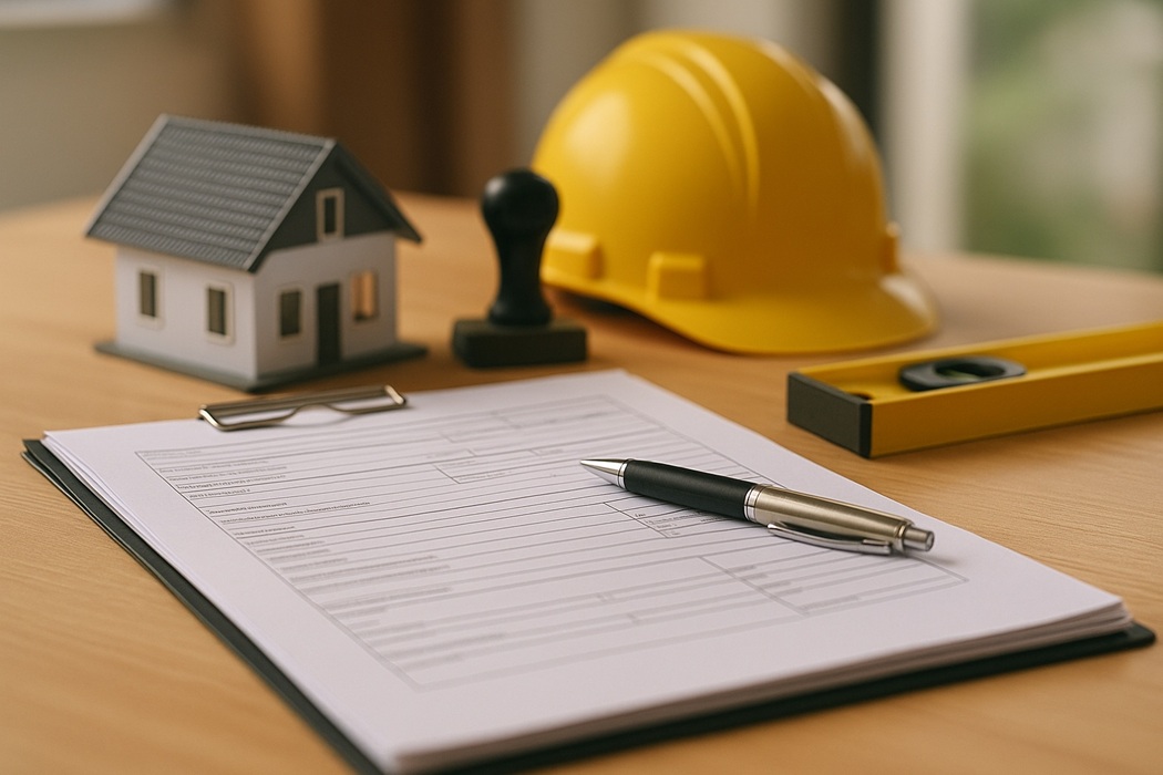 Realistyczne, szerokie zdjęcie biurka z formularzami na podkładce, długopisem, modelem domu, żółtym kaskiem ochronnym, pieczątką i żółtą poziomicą, w naturalnym świetle dziennym.