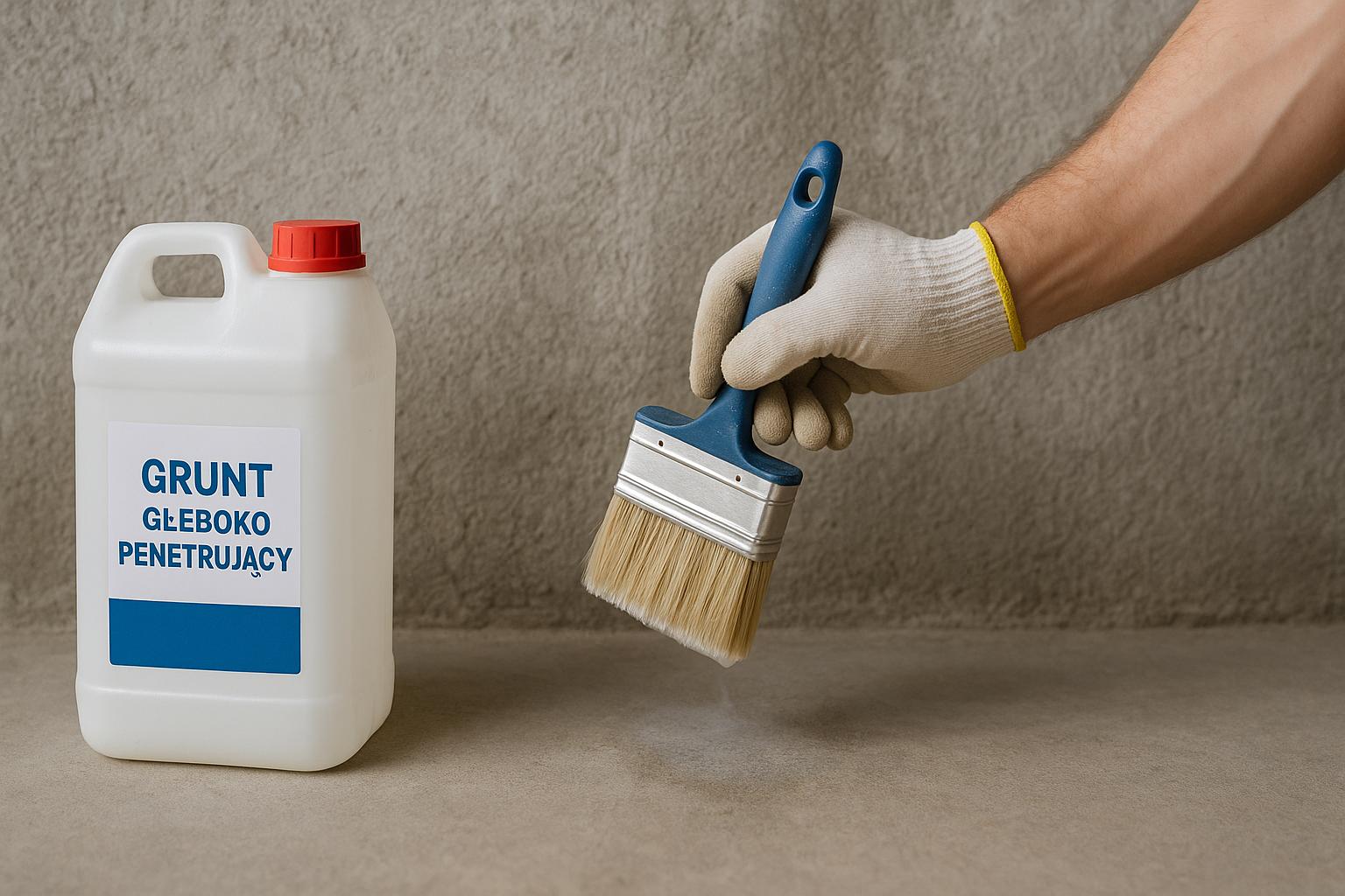 Ręka w rękawicy malarskiej nakłada pędzlem grunt głęboko penetrujący na szorstką powierzchnię betonową; obok stoi biały kanister z preparatem.
