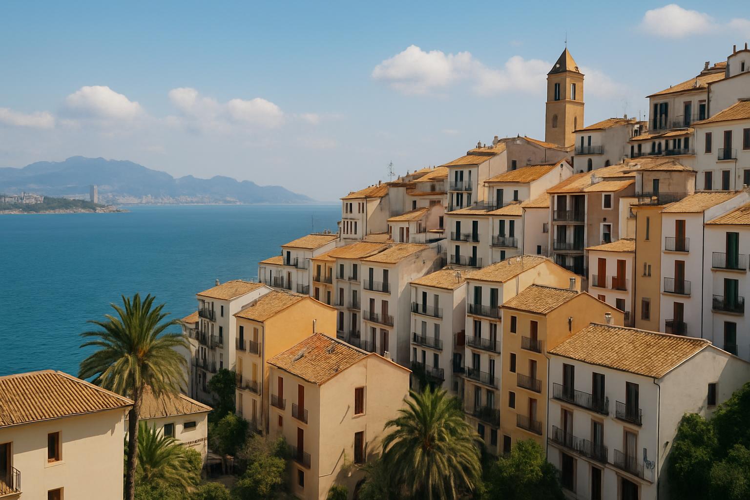 Śródziemnomorskie miasteczko nad morzem – widok panoramiczny z pastelowymi budynkami, czerwonymi dachami i dzwonnicą na tle błękitnego nieba i gór. Idealna lokalizacja inwestycyjna: Hiszpania lub Chorwacja.
