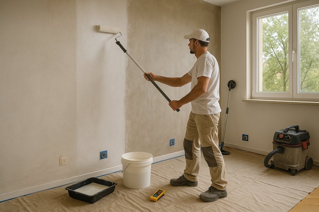 Podkład głęboko penetrujący na tynku gipsowym – etap przed farbą, czyste krawędzie