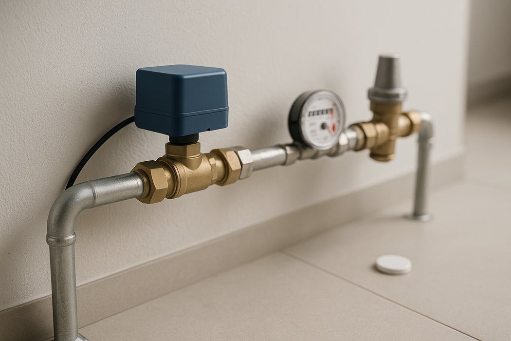 Zbliżenie instalacji wodnej: zawór z siłownikiem, reduktor ciśnienia i licznik wody