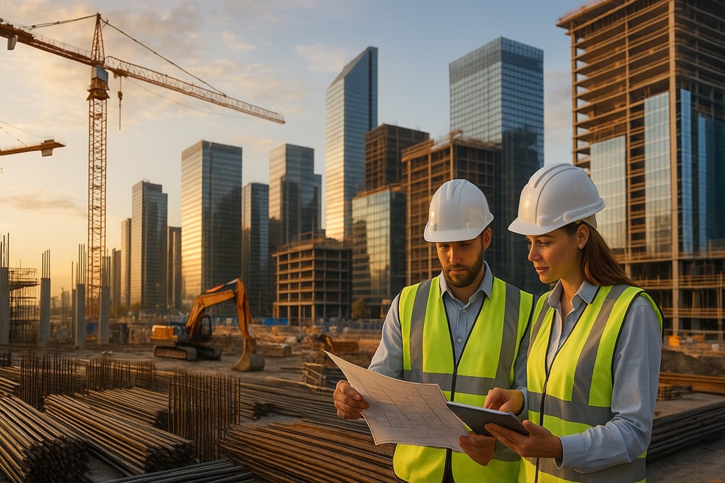 Szerokie ujęcie placu budowy z dźwigami — inwestycje infrastrukturalne i rozwój budownictwa.
