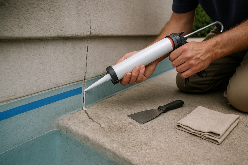 Naprawa pęknięcia w ścianie basenu – aplikacja silikonu/epoksydu, skuteczne uszczelnienie.