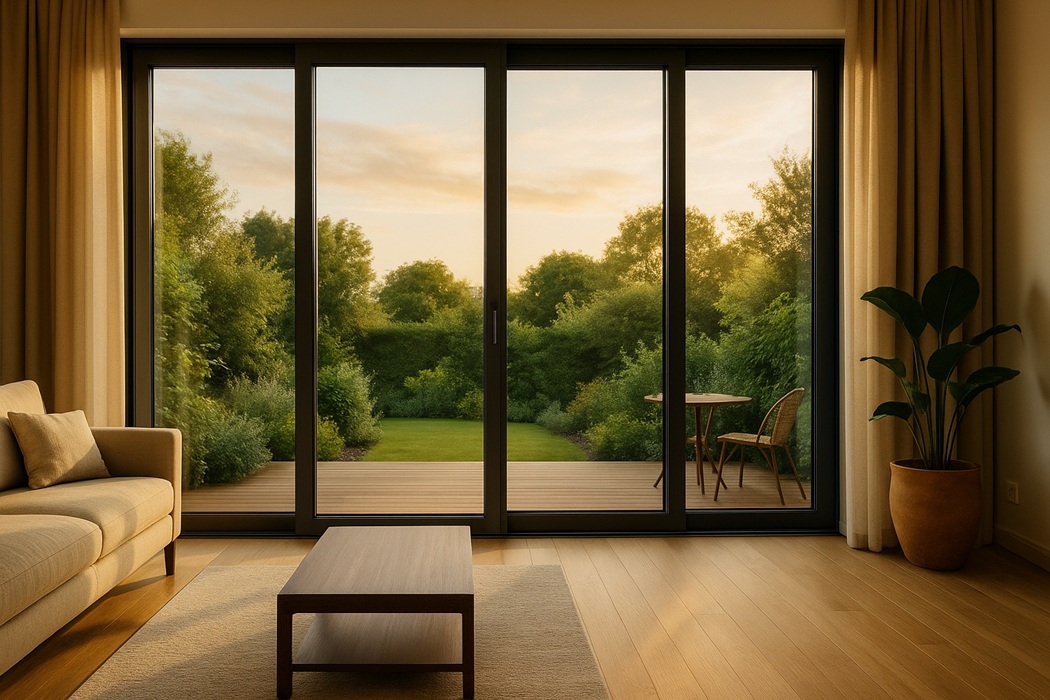 Minimalistyczne drzwi tarasowe – czarne ramy, drewniana podłoga, zielony ogród.