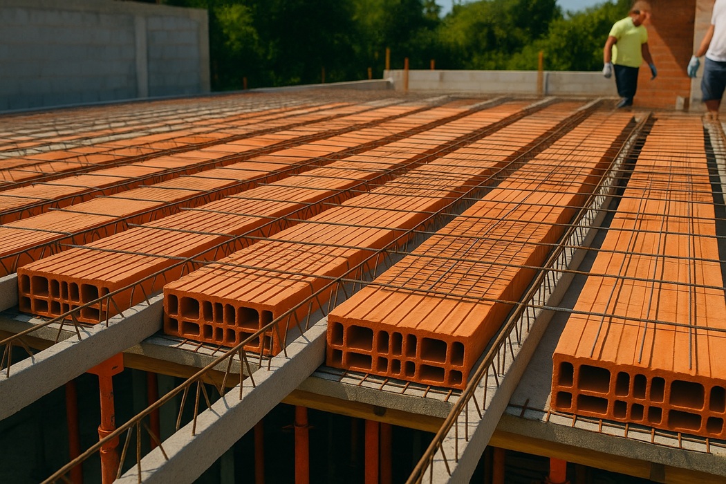 Strop gęstożebrowy Fert – montaż na budowie domu: prefabrykowane belki żelbetowe, pustaki ceramiczne i zbrojenie w szerokim, realistycznym ujęciu.