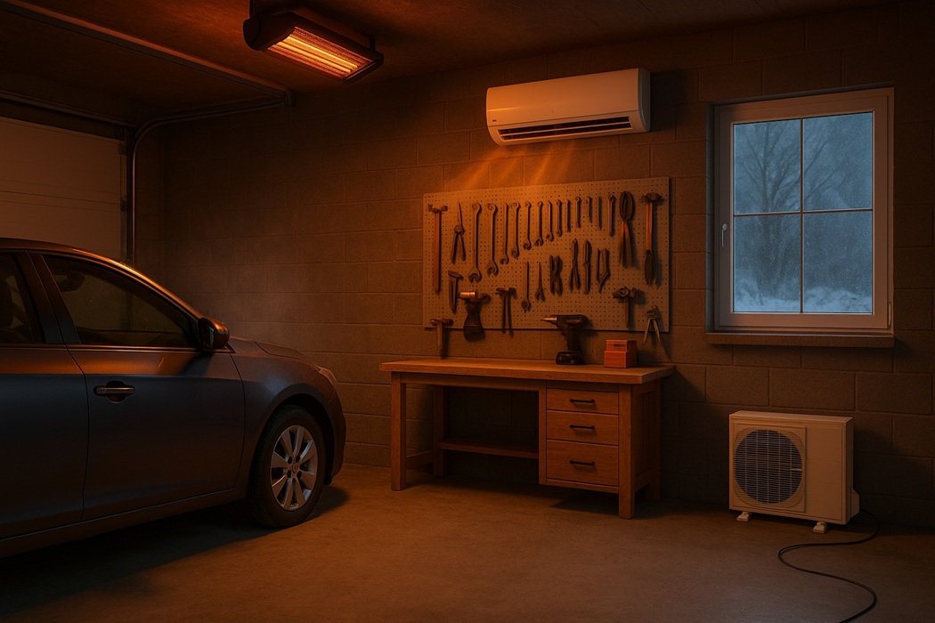 Czym ogrzać garaż zimą – realistyczne ujęcie: promiennik podczerwieni oraz klimatyzator/pompa ciepła, obok zaparkowane auto i stół warsztatowy.
